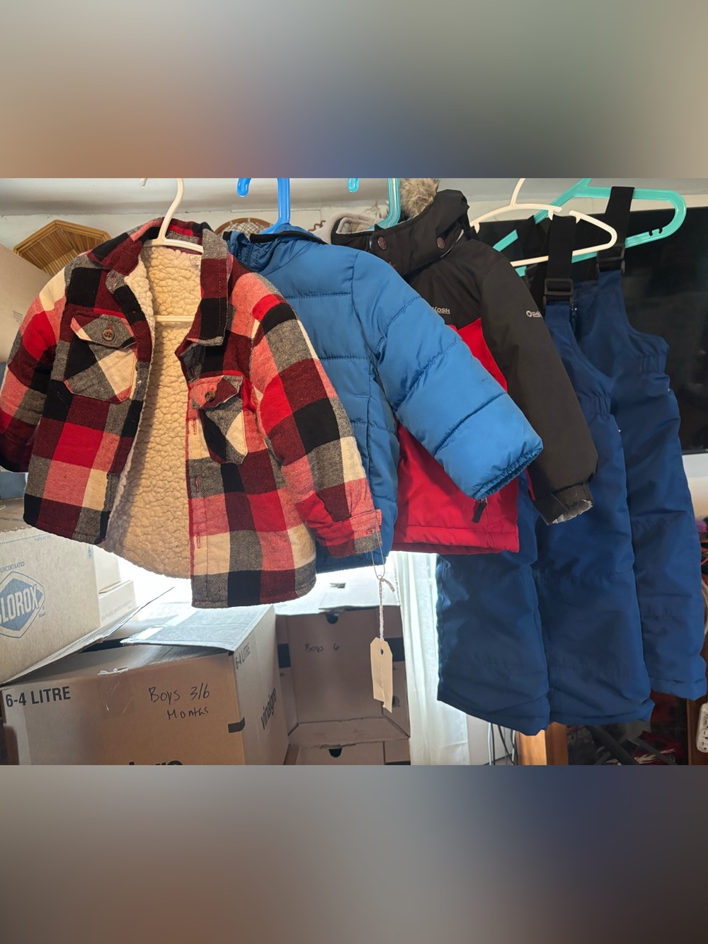 3 18/24 month jackets and 2 pairs of 2T snow pants